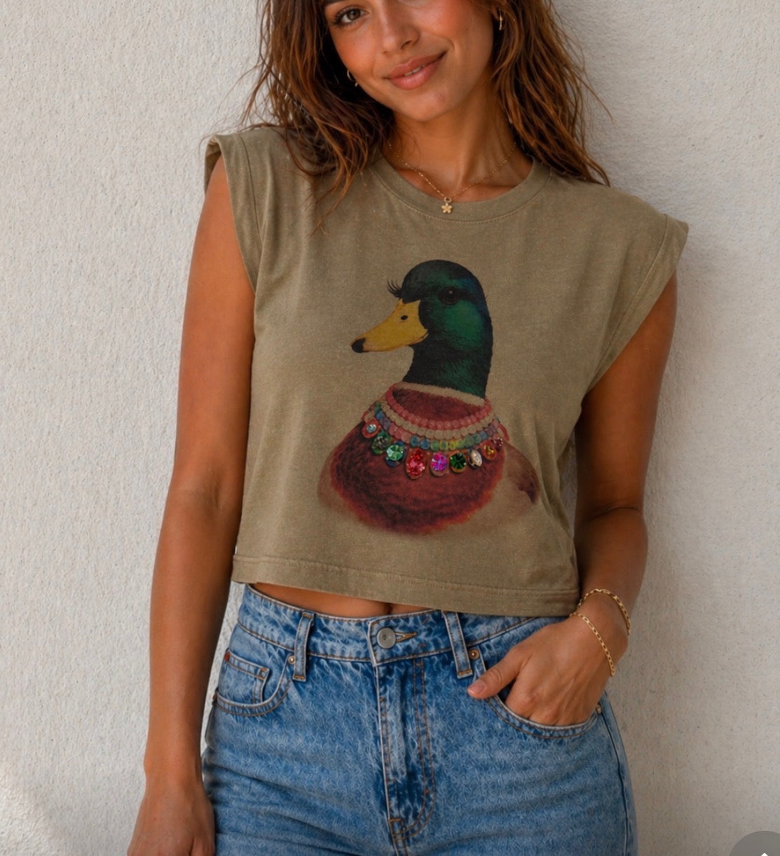 Blingy Mallard Duck on White Muscle Tee