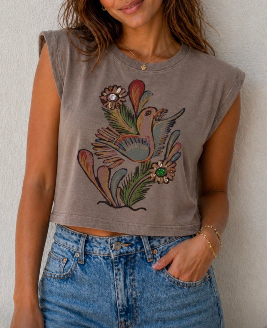 Blingy Alma on White Muscle Tee