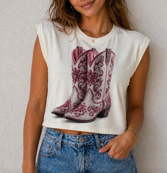 Blingy Boots on White Muscle Tee