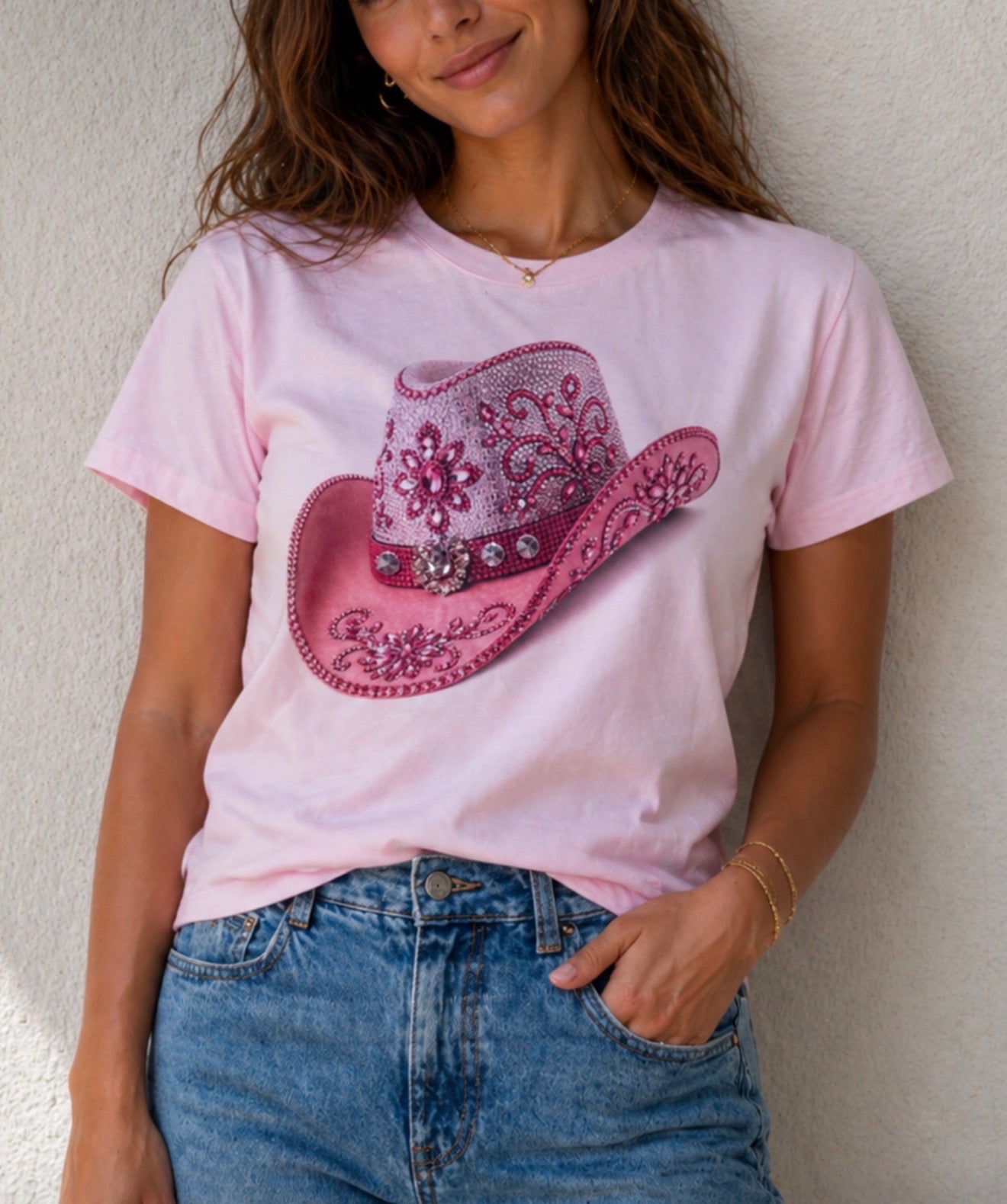 Blingy Cowgirl Hat on Pink Tee