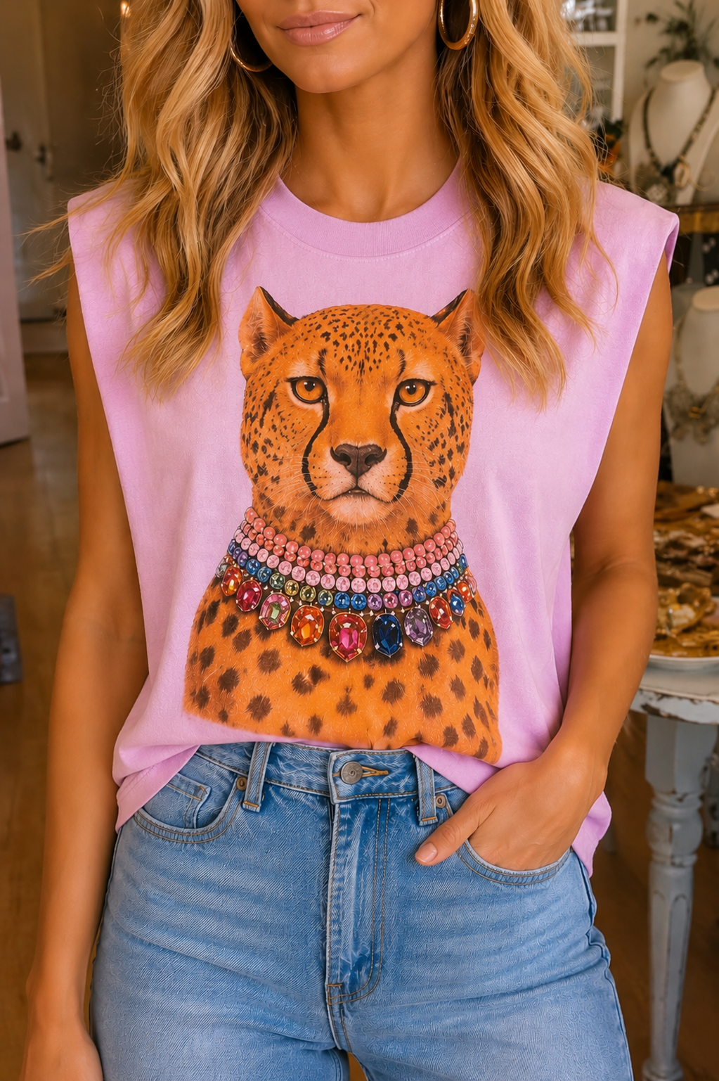 Jeweled Collar Leopard on Pink Tank and White or Natural Crew