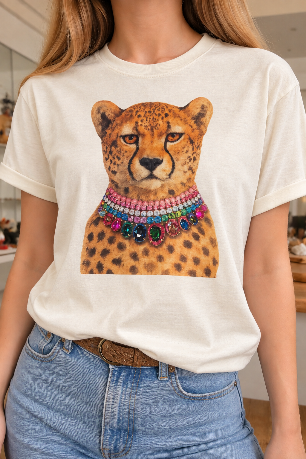 Jeweled Collar Leopard on Pink Tank and White or Natural Crew