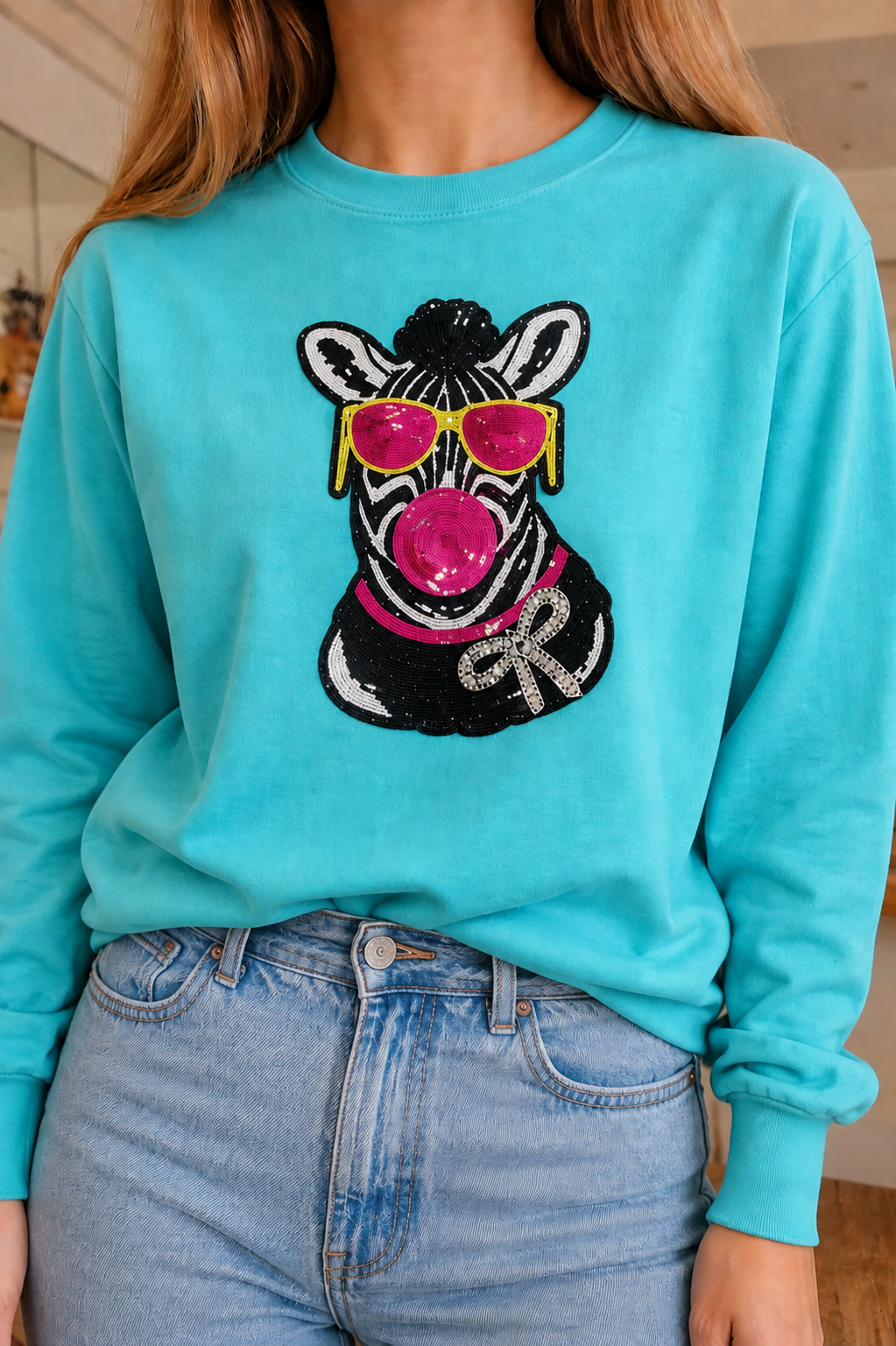 Sequin Bubblegum Zebra on White and Turquoise Sweatshirt