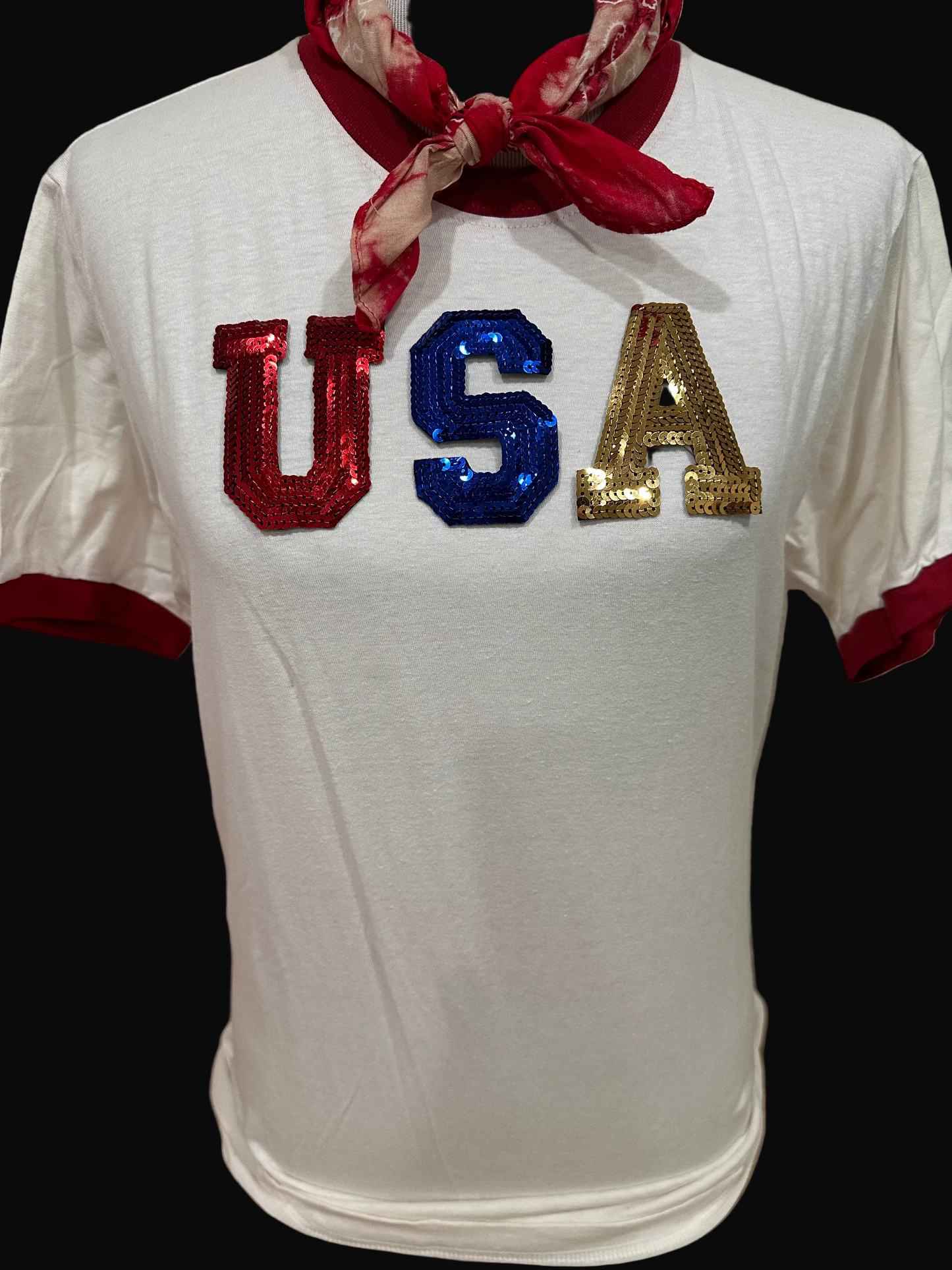 Sequin USA on Red/White Ringer Crew