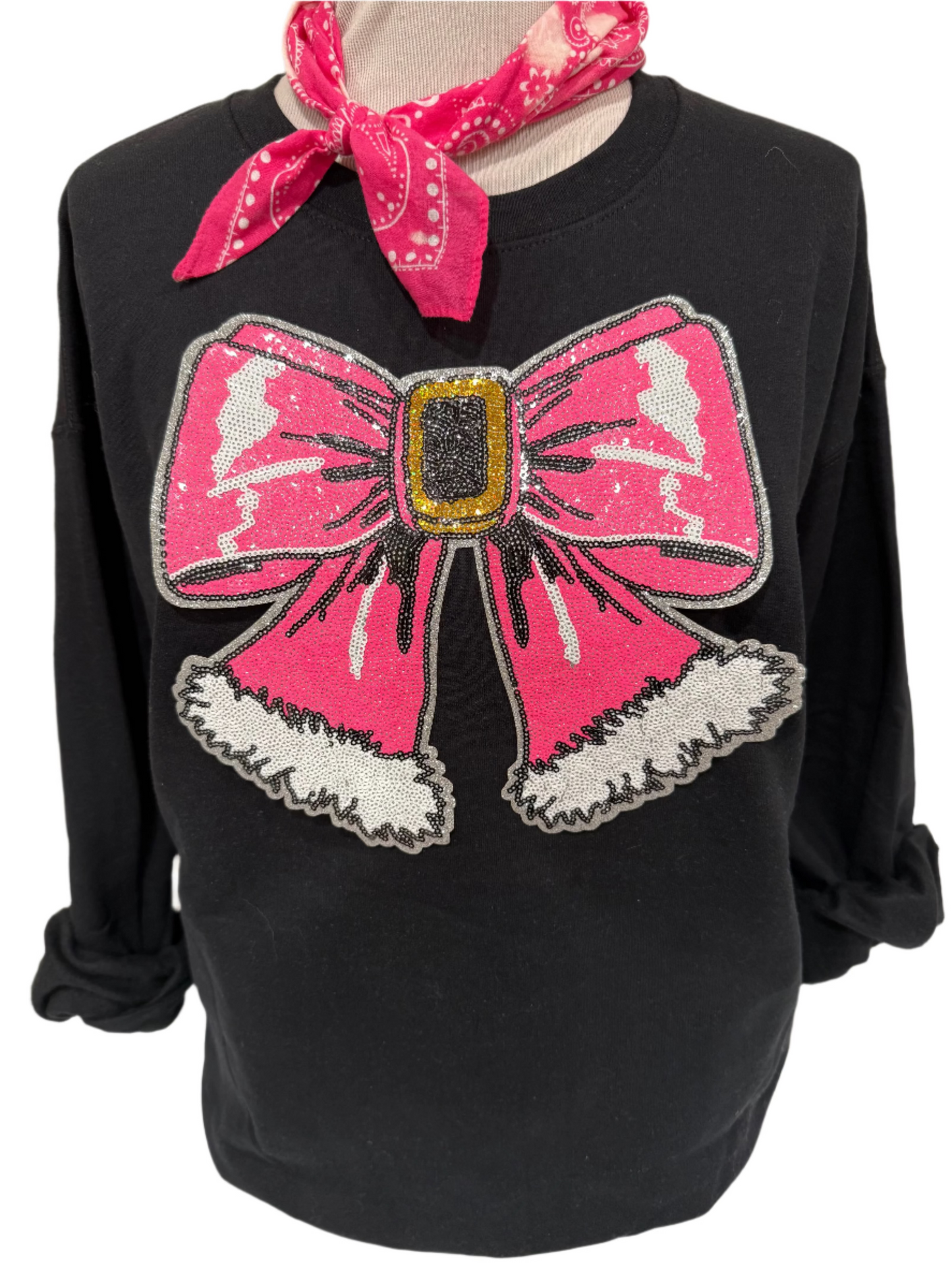 Sequin Glitter Pink Christmas Bow Patch on Black Crew OR (Kelly Green, Red, Heliconia OR Black) Sweatshirt