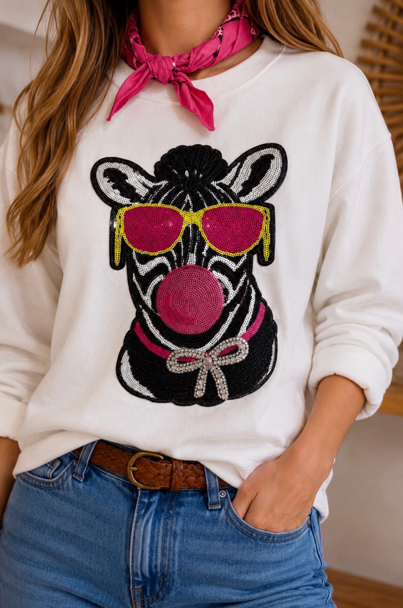 Sequin Bubblegum Zebra on White Sweatshirt