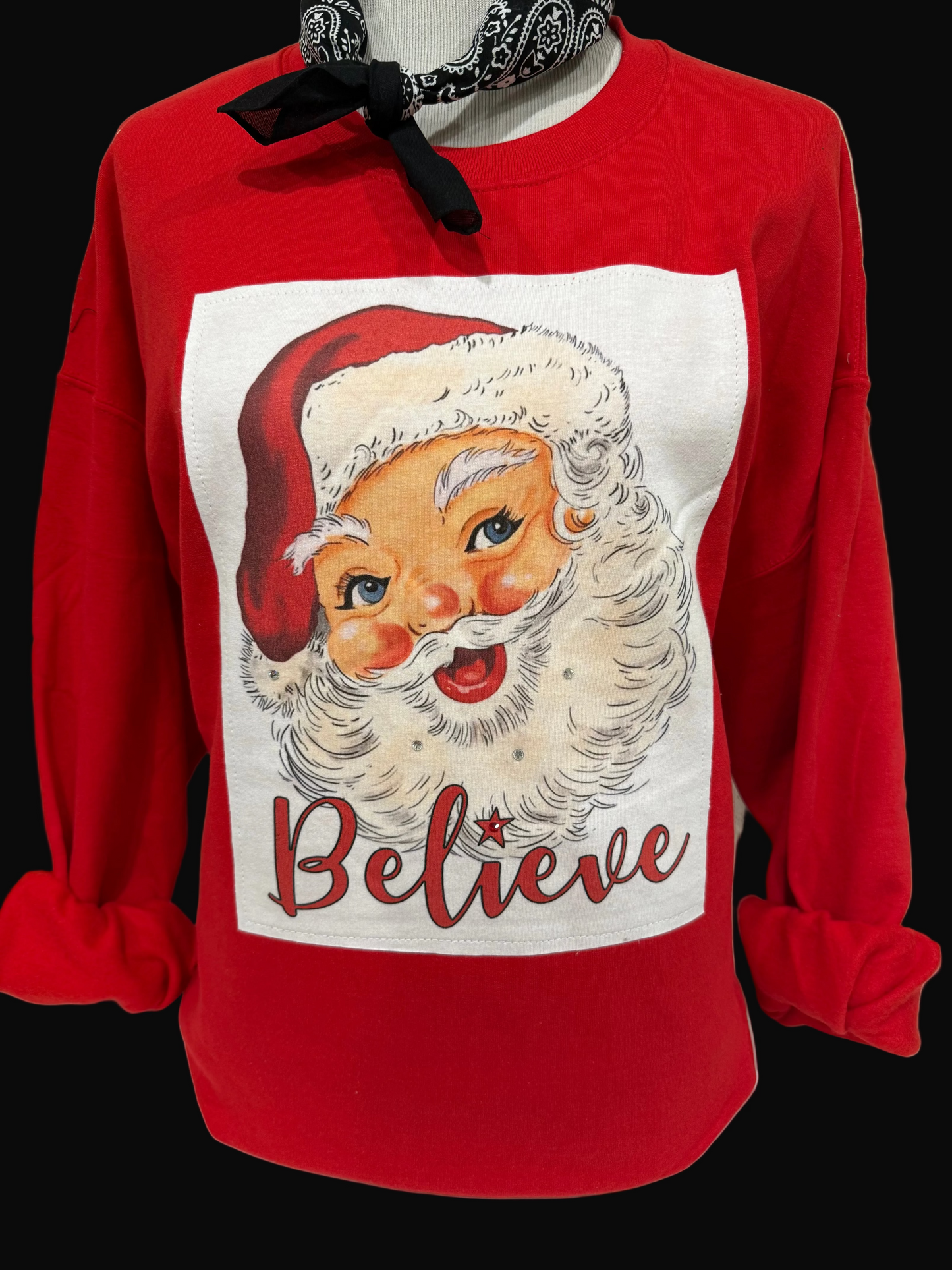 Red Santa Believe on White Crew OR Patch Red Sweatshirt