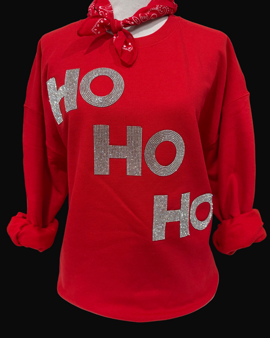 Blingy Ho Ho Ho on Red Sweatshirt