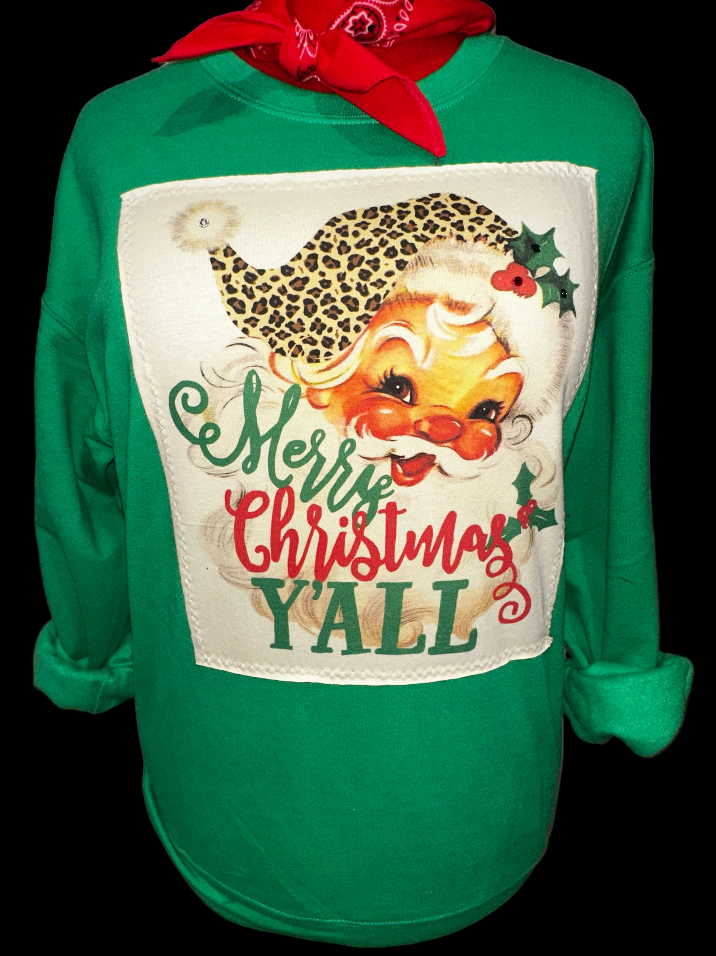 Merry Christmas Y'all on Patch Red Crew, Red/Black Buffalo Flannel, OR Patch Kelly Green Sweatshirt