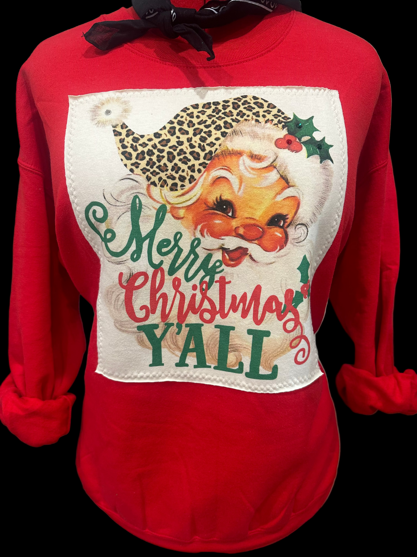 Merry Christmas Y'all on Patch Red Crew, Red/Black Buffalo Flannel, OR Patch Kelly Green Sweatshirt