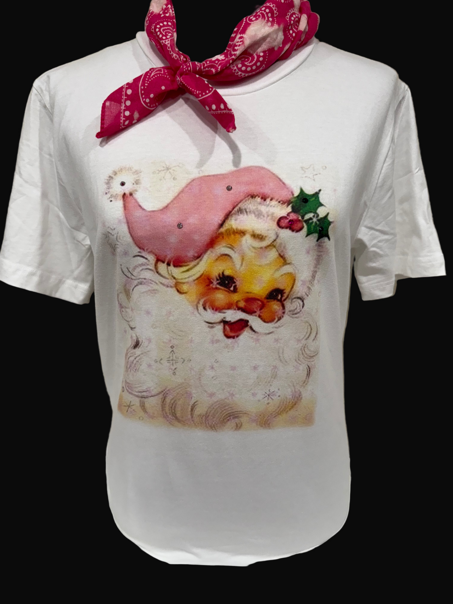 Pink Hat Santa on White OR Patch Bleach Dipped Azalea Crew -