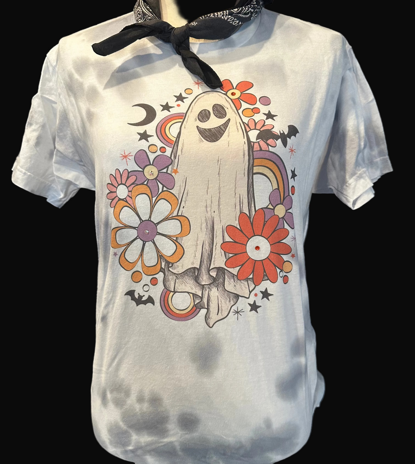 Groovy Flower Ghost on Tie-dyed White/Grey Crew