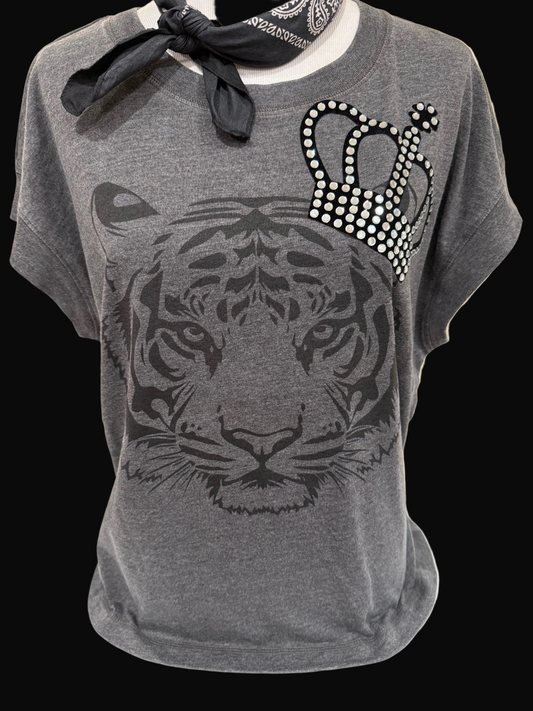 Tiger with Extra Blingy Crown on Charcoal Crew