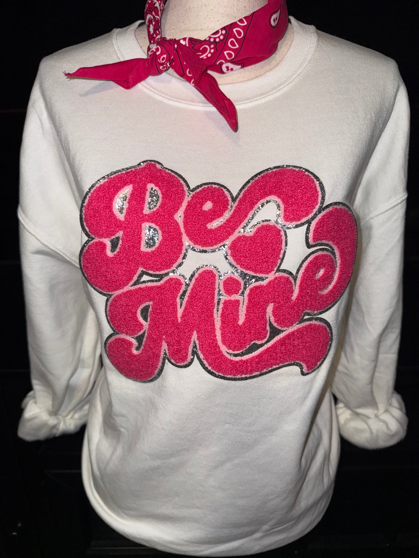 Pink Chenille Be Mine Patch on White Sweatshirt
