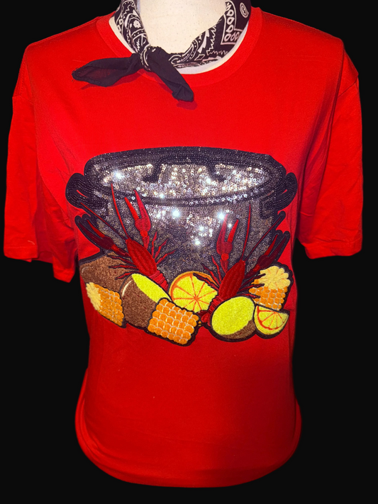 Sequin Crawfish Boil Patch on Red Crew