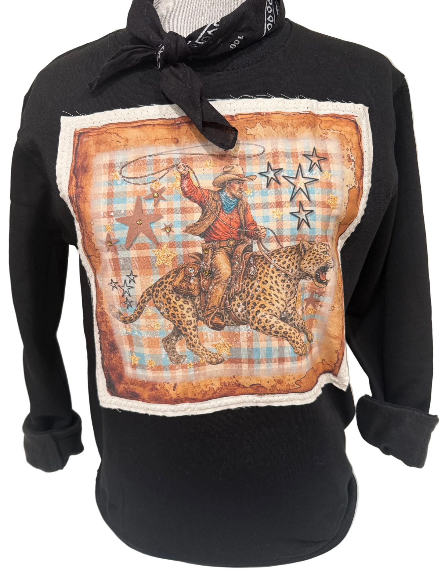 Plaid Leopard Bronc Rider on Crew or Sweatshirt
