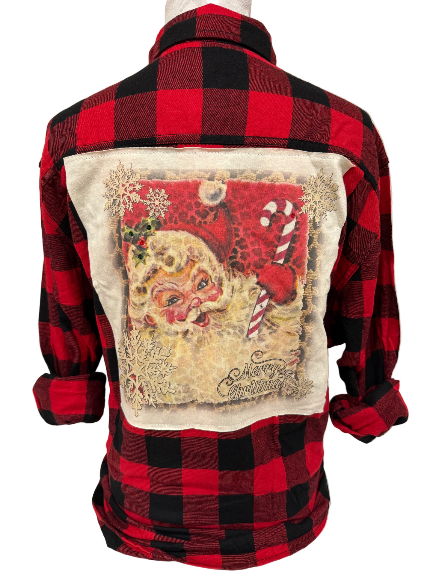 Candy Cane Santa on Natural Crew OR Red/Black Buffalo Flannel
