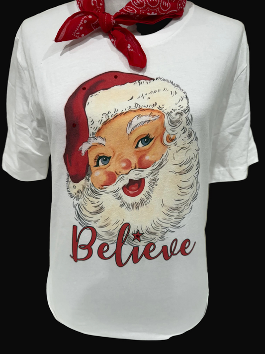 Red Santa Believe on White Crew OR Patch Red Sweatshirt