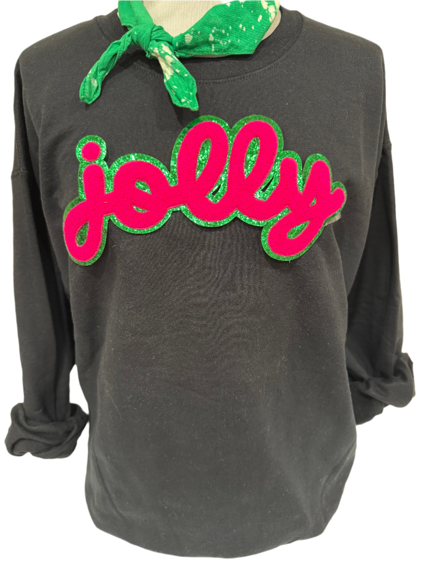 Glitter Chenille Pink Script Jolly on (Kelly Green, Lime Green OR Black) Sweatshirt