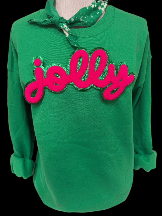 Glitter Chenille Pink Script Jolly on (Kelly Green, Lime Green OR Black) Sweatshirt