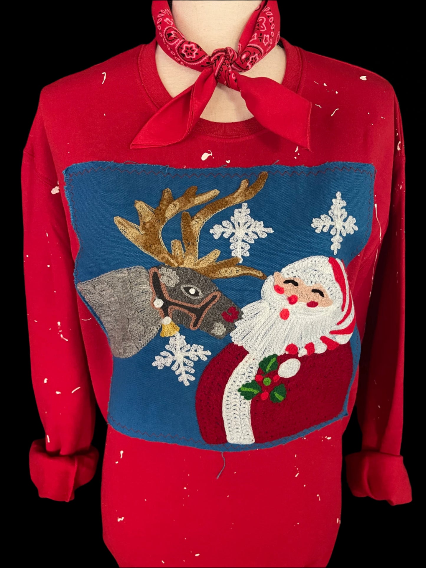 KL Santa and Reindeer Patch on Red Crew OR (White OR Red) Sweatshirt