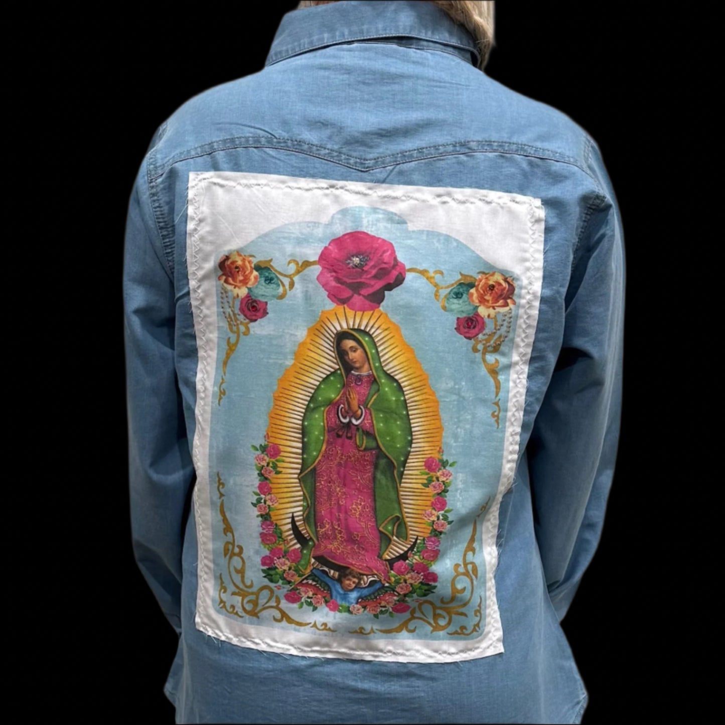 Lady of Guadalupe Patch on Denim Pearl Snap