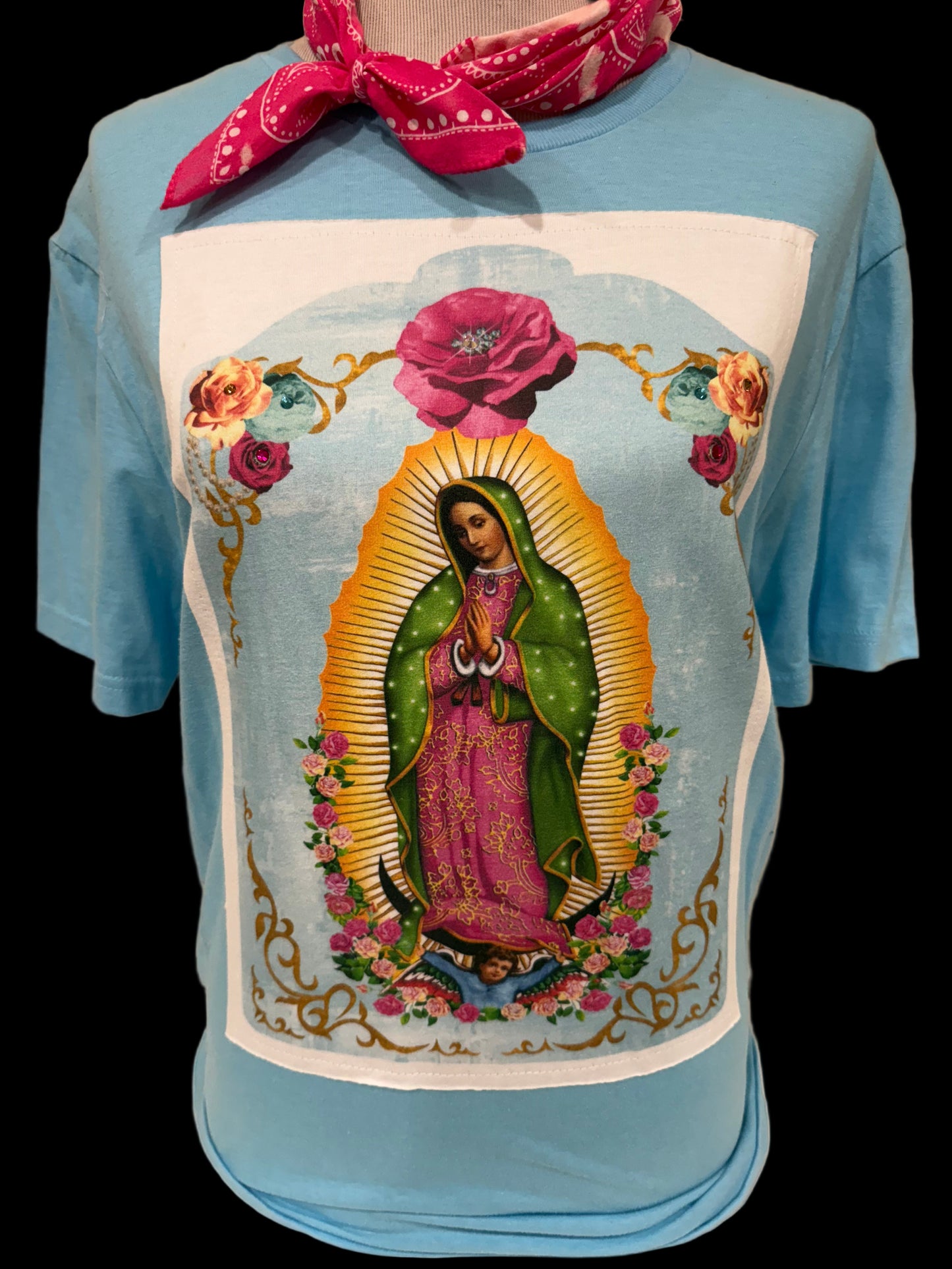 Lady of Guadalupe on White OR Patch Aqua Crew