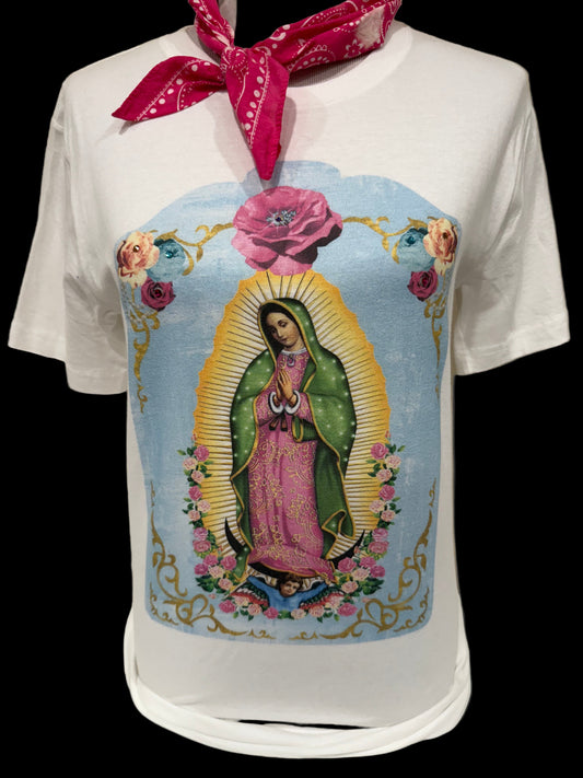 Lady of Guadalupe on White OR Patch Aqua Crew