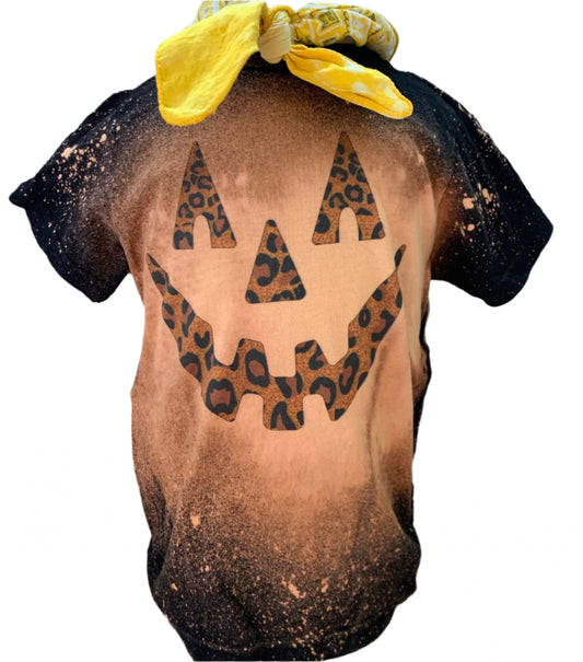 Leopard Pumpkin Face on Sports Bleached Black Crew