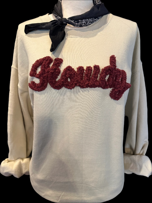 Lexie Howdy(Maroon) on Tan Sweatshirt