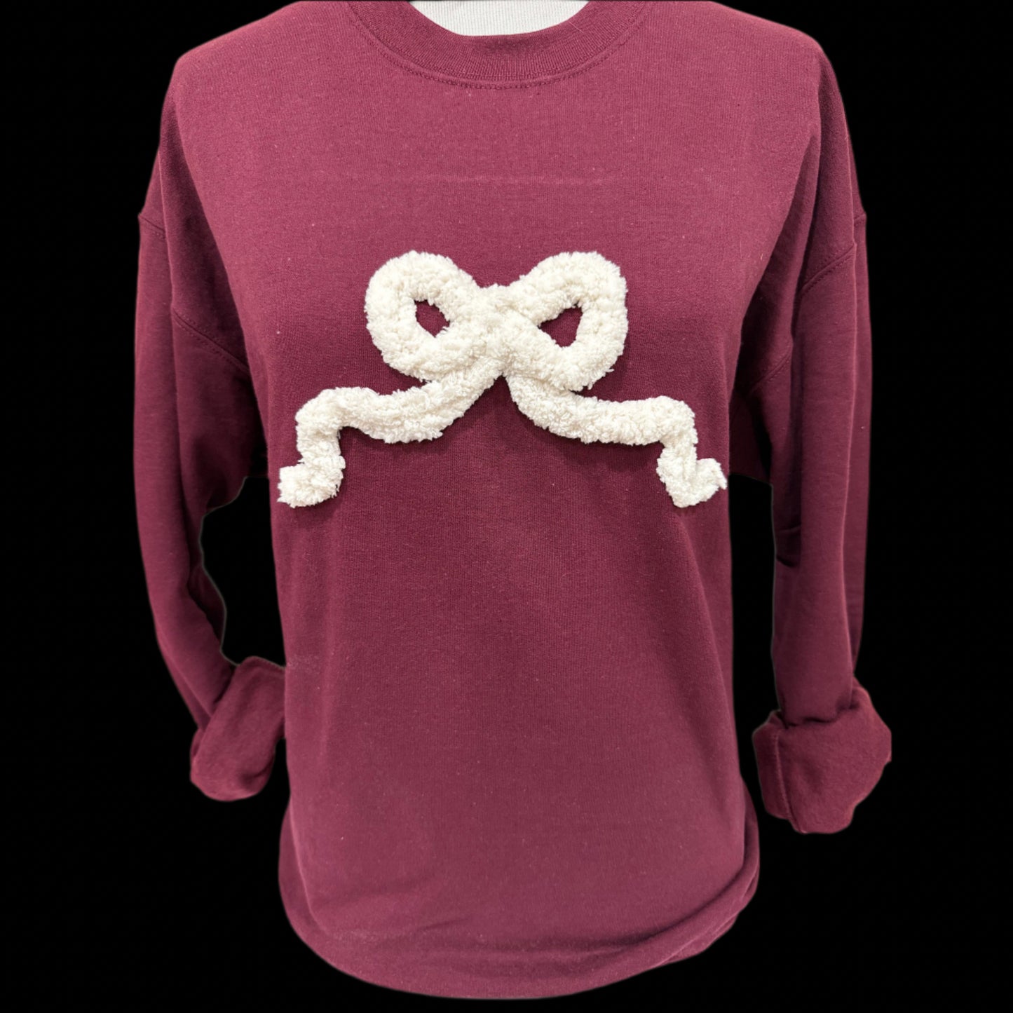 Lexie Bow (White) on Maroon Sweatshirt