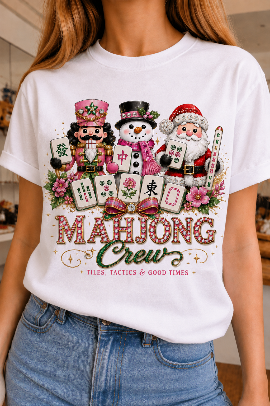 Christmas Mahjong Crew on White Crew & Raglan