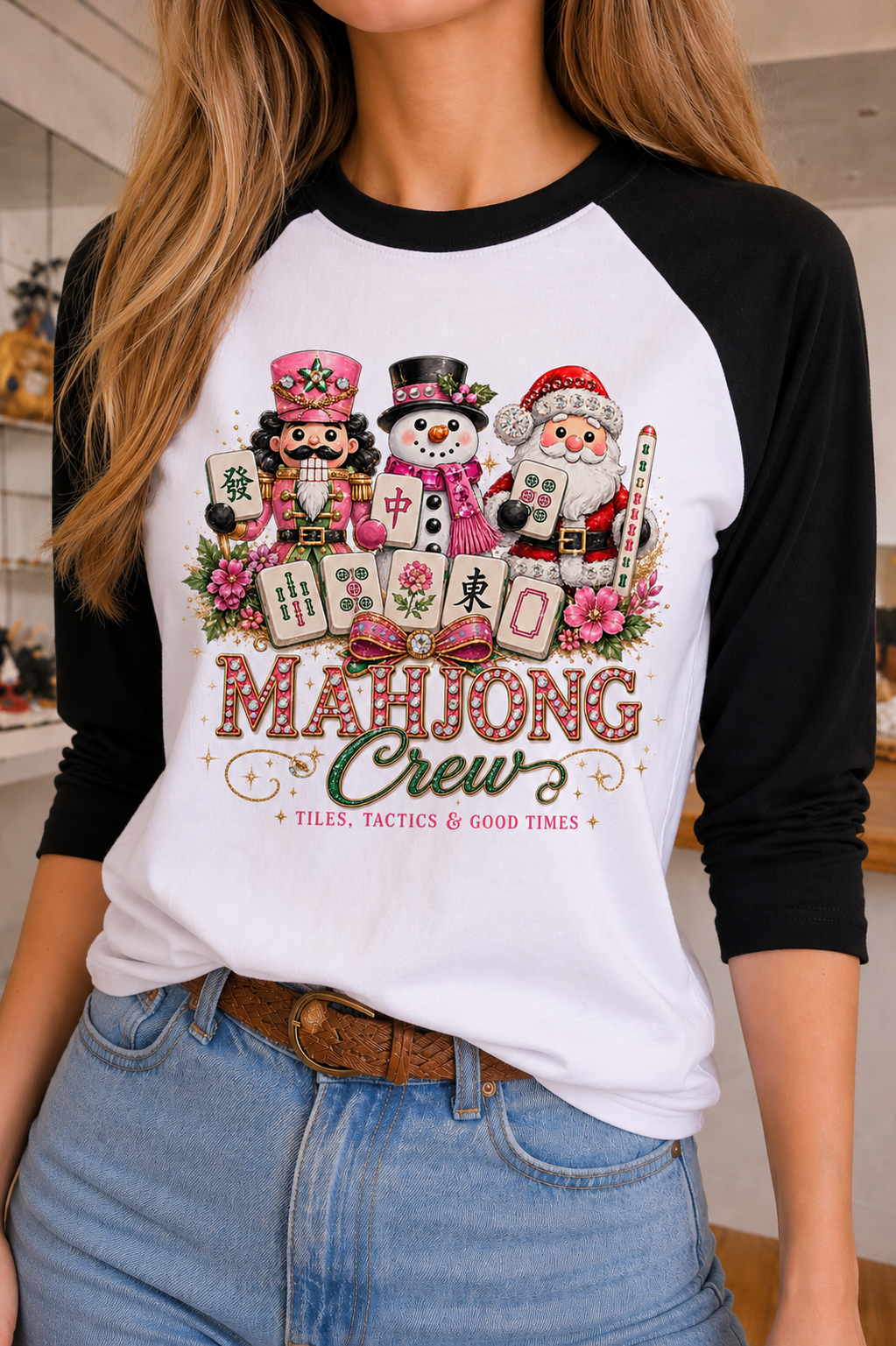 Christmas Mahjong Crew on White Crew & Raglan