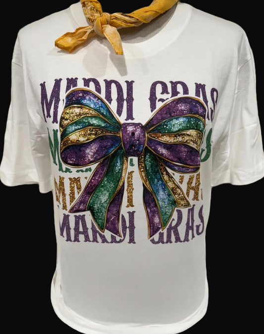 Mardi Gras Bow on White Crew