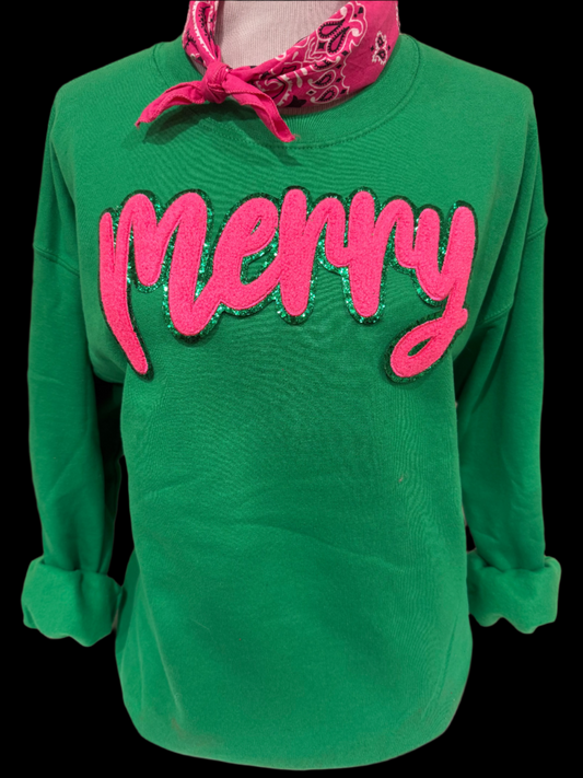 Glitter Chenille (Pink OR Red) Script Merry Patch on Kelly Green Sweatshirt