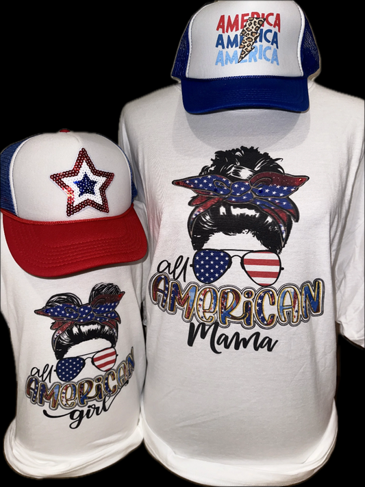 Messy Bun American Mama on White Crew