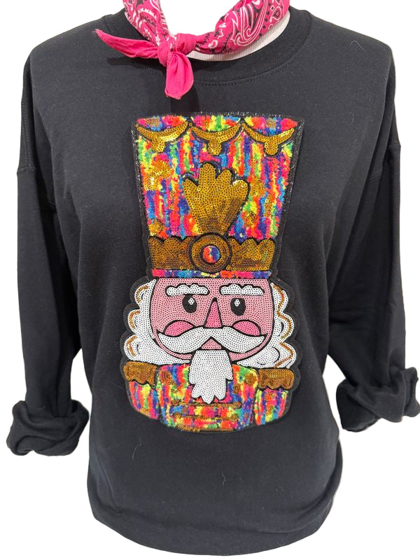 Sequin/Chenille Rainbow Nutcracker Face on (Red, Kelly Green, Lime Green, Heliconia OR Black) Sweatshirt