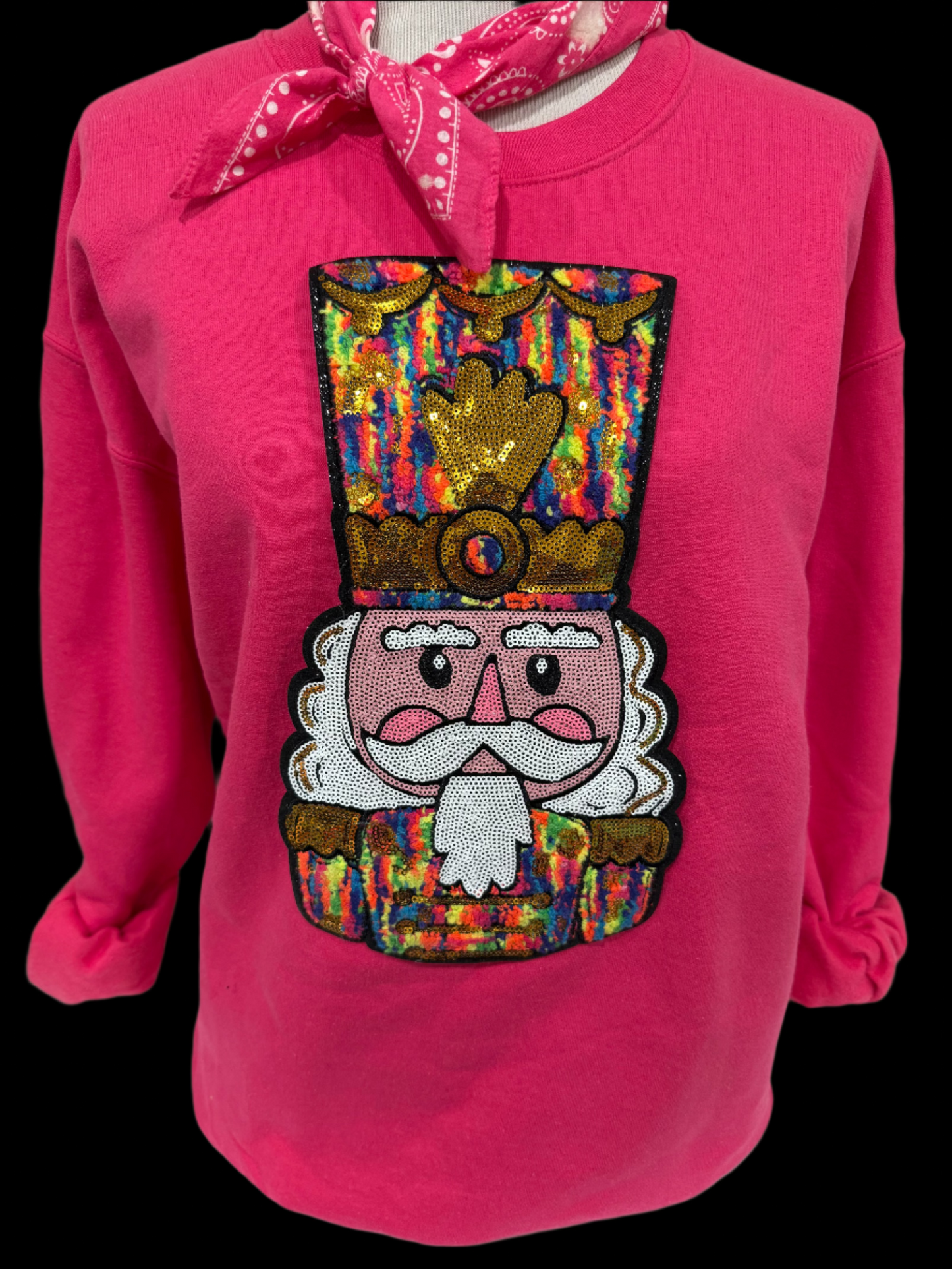 Sequin/Chenille Rainbow Nutcracker Face on (Red, Kelly Green, Lime Green OR Heliconia) Sweatshirt