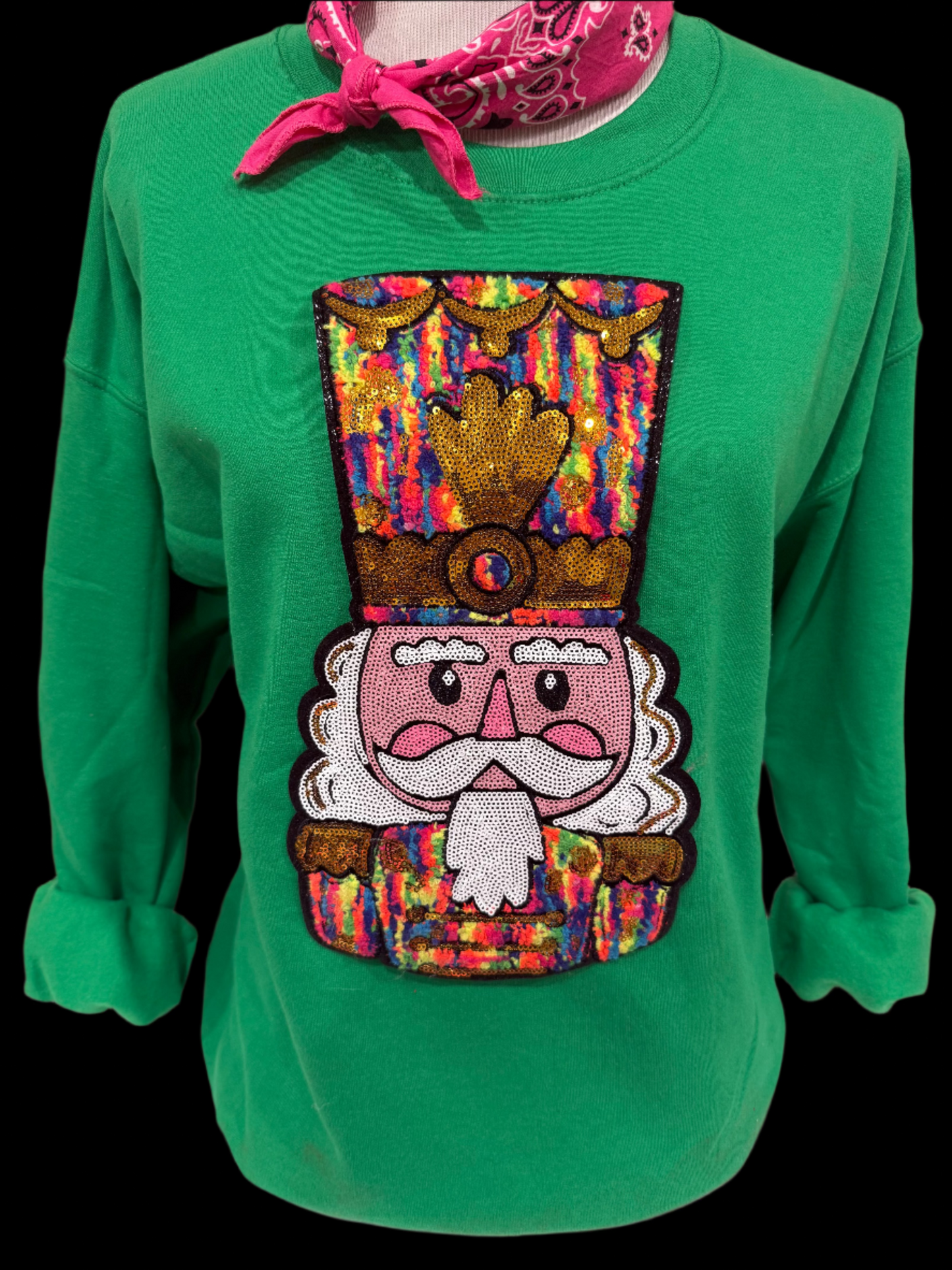 Sequin/Chenille Rainbow Nutcracker Face on (Red, Kelly Green, Lime Green OR Heliconia) Sweatshirt