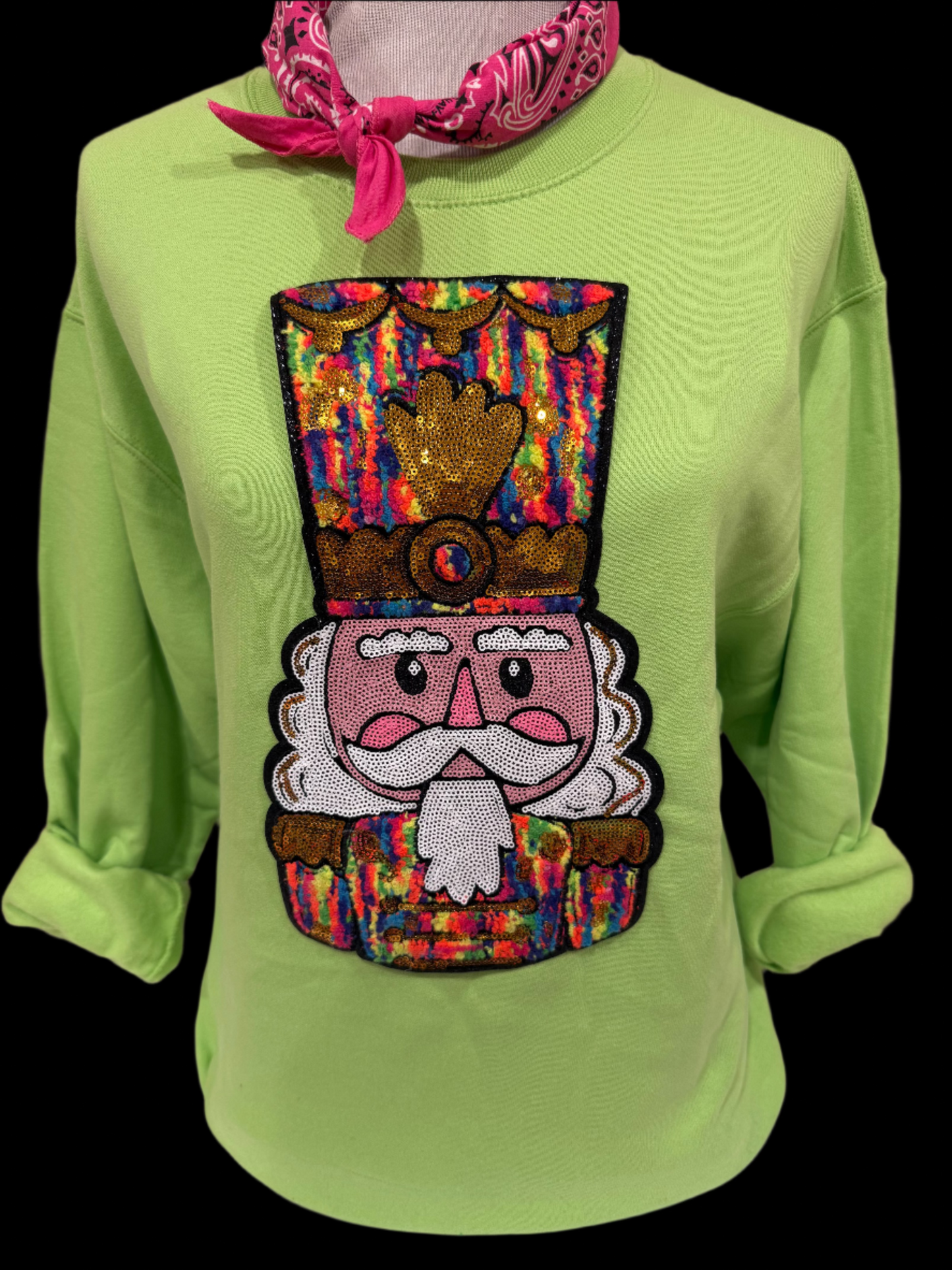 Sequin/Chenille Rainbow Nutcracker Face on (Red, Kelly Green, Lime Green OR Heliconia) Sweatshirt