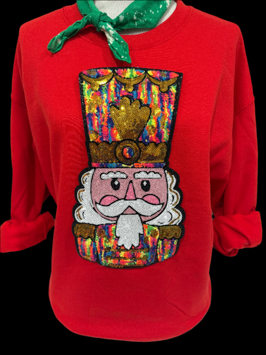 Sequin/Chenille Rainbow Nutcracker Face on (Red, Kelly Green, Lime Green OR Heliconia) Sweatshirt