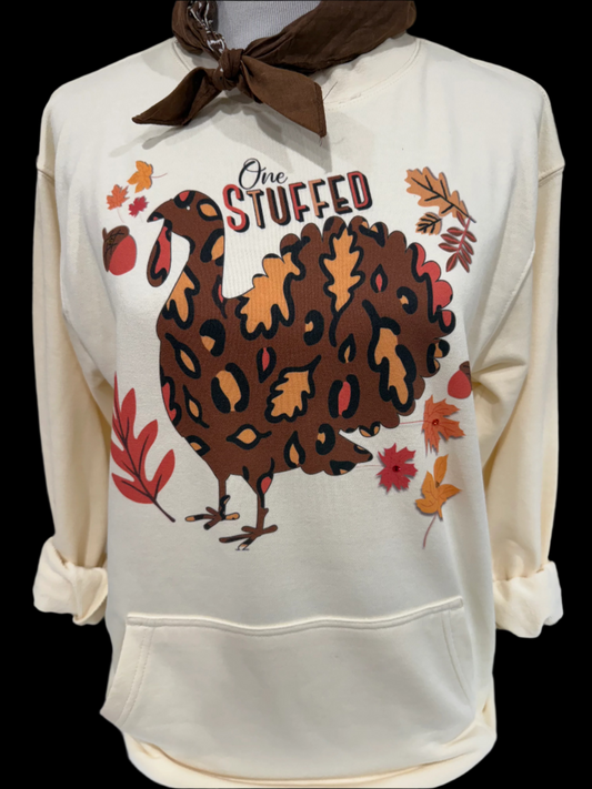 One Stuffed Turkey on (Natural Front Pocket FT Sweatshirt OR Ginger Crew)