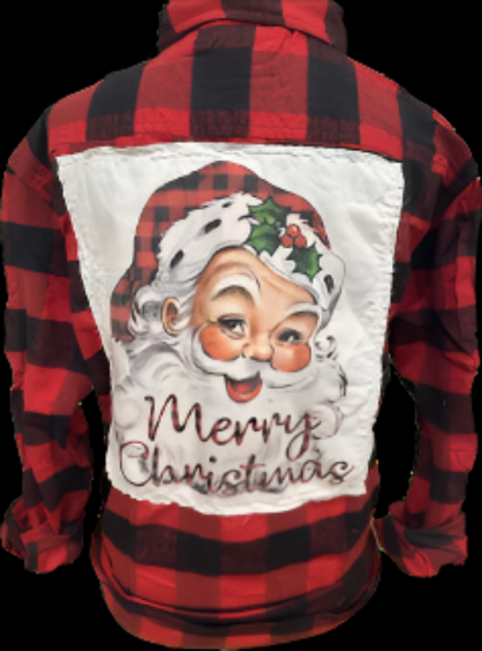 Plaid Hat Santa Merry Christmas on White Crew OR Red/Black Buffalo Flannel