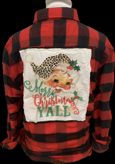 Merry Christmas Y'all on Patch Red Crew, Red/Black Buffalo Flannel, OR Patch Kelly Green Sweatshirt
