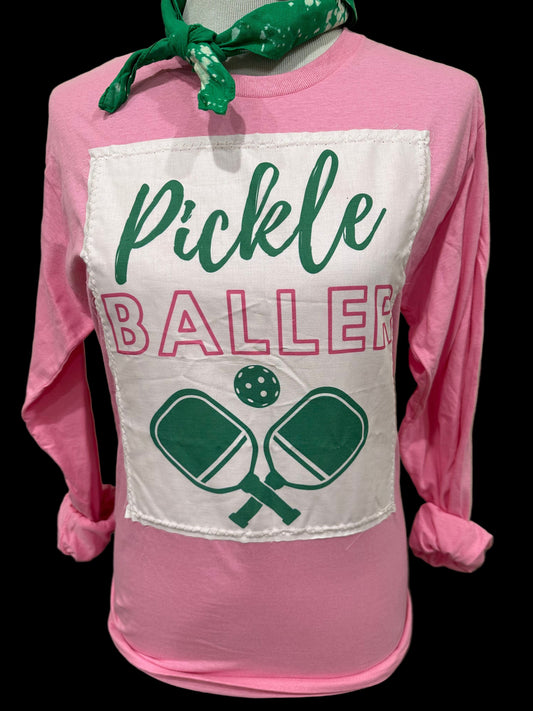Pickle Baller on Patch Azalea Long Sleeve OR White Crew