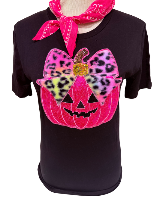 Pink Chenille Pumpkin with Bow Patch on Black Crew