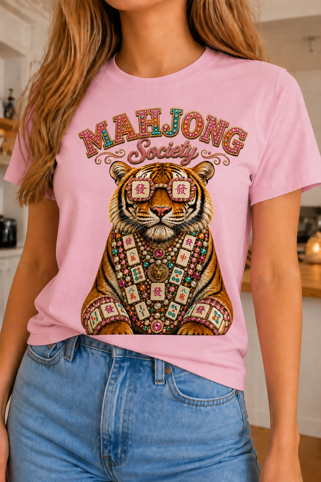 Tiger Mahjong Society on White & Pink Crew