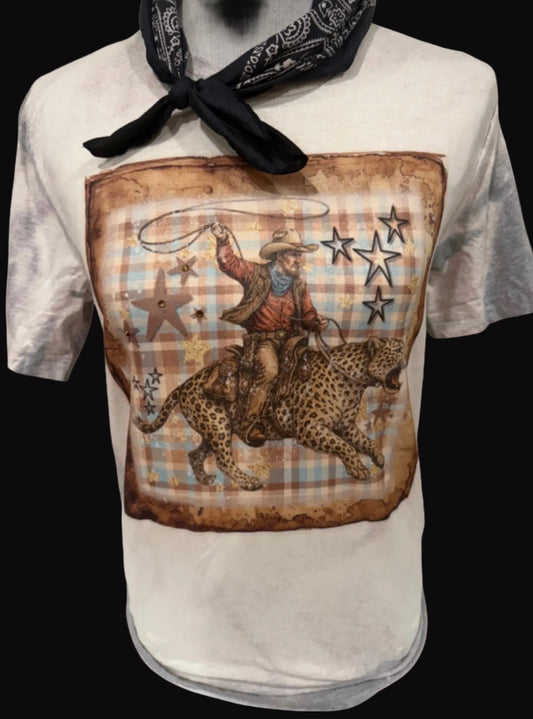 Leopard Plaid Cowboy on Sports Bleached Hth Grey Crew