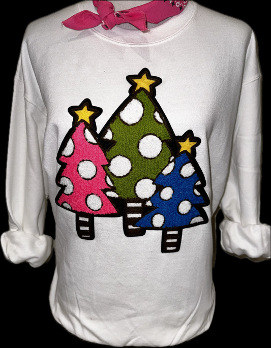 Polkadot Christmas Tree Patch on White Sweatshirt