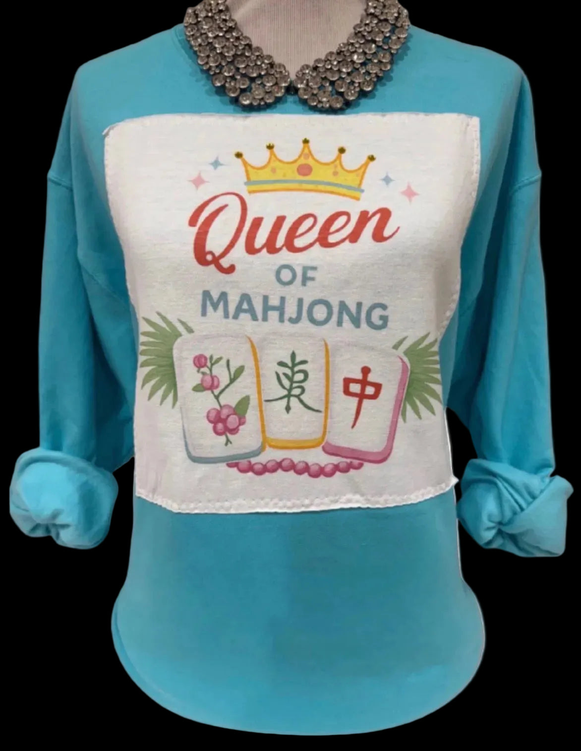Queen of Mahjong Patch on Aqua Sweatshirt